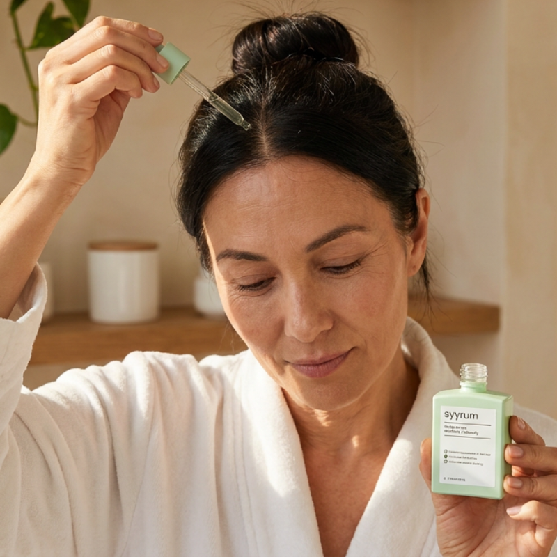 Woman applying Syyrum scalp serum